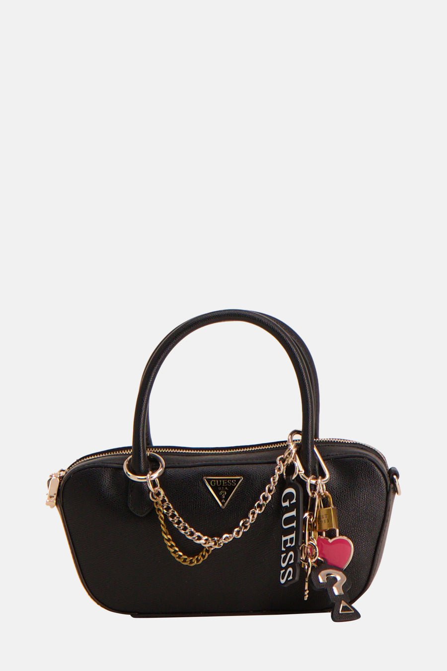 Sac à main noir Guess avec chaîne argentée et breloque cœur et point d'interrogation.