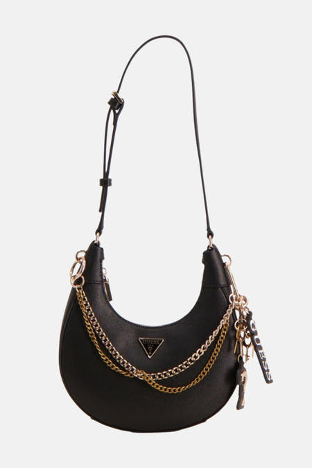Sac à dos noir de Guess, avec un cintre en forme de cœur, de clé et d'un cadenas.