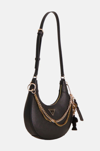 Sac à dos noir de Guess avec chaînes d'or et détail de logo.