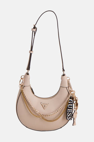 Sac à bandoulière beige Guess, avec un porte-clés et une fine bandoulière.