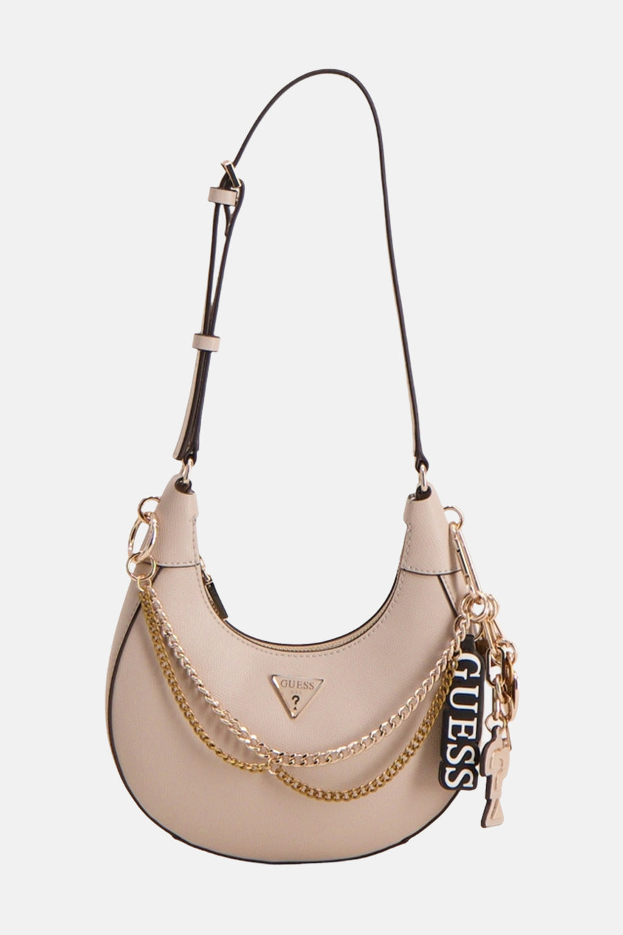 Sac à bandoulière beige Guess, avec un porte-clés et une fine bandoulière.