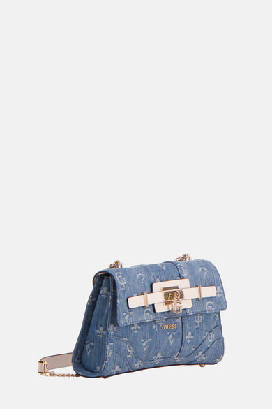 Sac bandoulière en denim bleu Guess avec fermeture dorée et imprimé monogramme sur toute la surface.