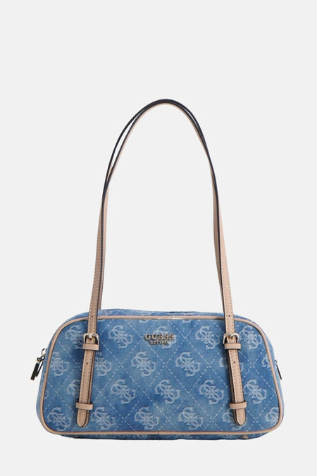 Sac à dos en denim bleu de Guess avec motif monogramme et accents beige.