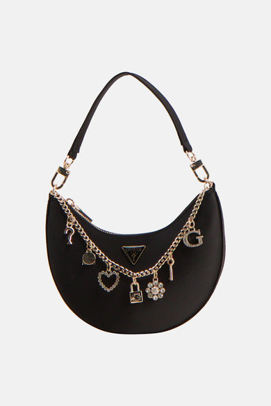 Sac à bandoulière noir Guess avec chaîne dorée et divers pendentifs en strass.