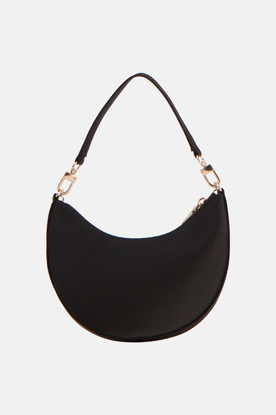 Sac à bandoulière noir Guess avec design en forme de demi-lune et ferrures dorées.