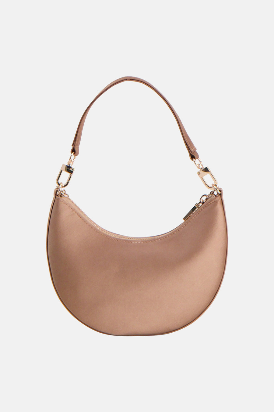 Sac à bandoulière beige Guess® avec design en forme de demi-lune, ferrures dorées et une fine bandoulière.