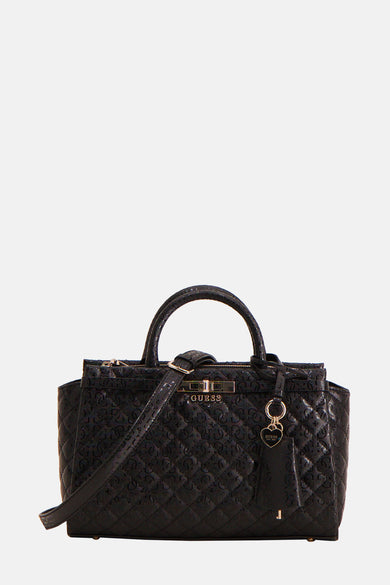 Zwarte handtas van Guess, met all-over logo-patroon en hartvormige bedel.
