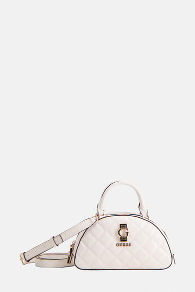 Blouson Guess blanc avec motif à carreaux et détails dorés, y compris une bandoulière amovible.