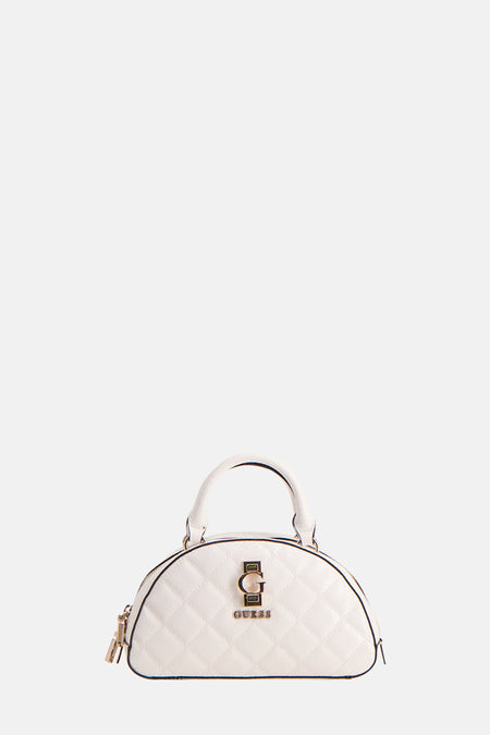 Blouson Guess blanc avec un motif de lunettes effiloché et un logo doré.