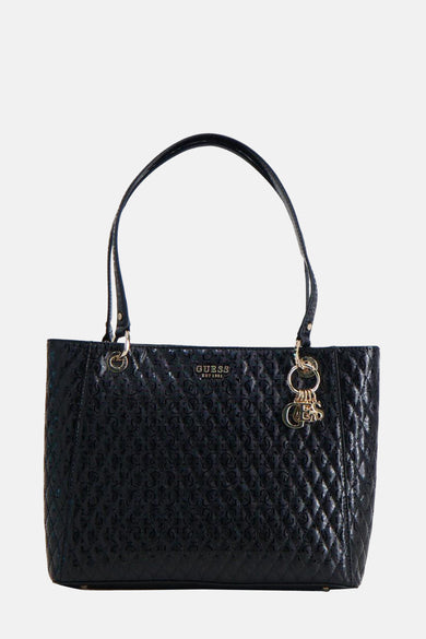 Sac à dos noir de Guess avec un motif de lunettes gravé et des détails dorés.