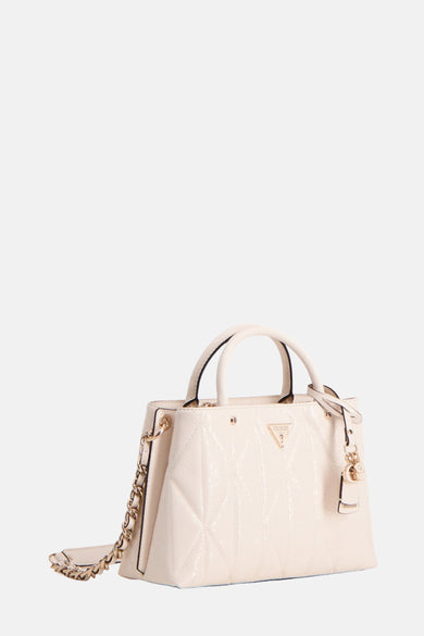 Sac à main blanc de Guess, avec motif imprimé de lunettes, chaîne dorée et porte-monnaie.