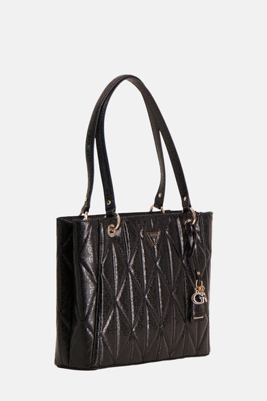 Sac à dos noir de Guess avec un motif de lunettes intégré et une boucle décorative.