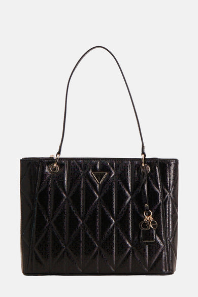 Sac à dos noir de Guess, avec un motif de lunettes et des boucles décoratives.