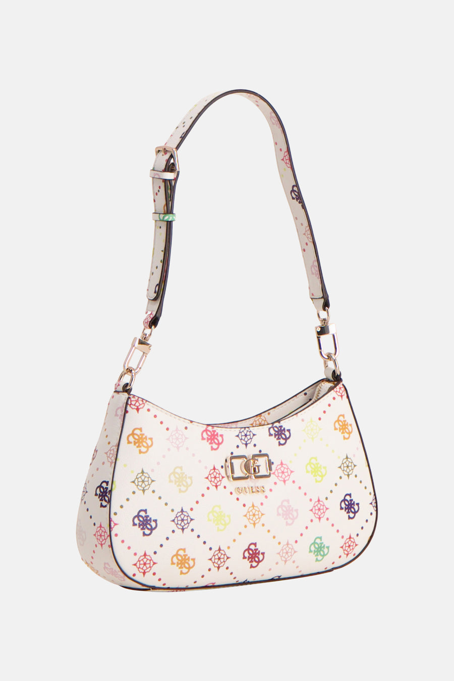 Sac à bandoulière multicolore de Guess, avec imprimé logo coloré et détails dorés.