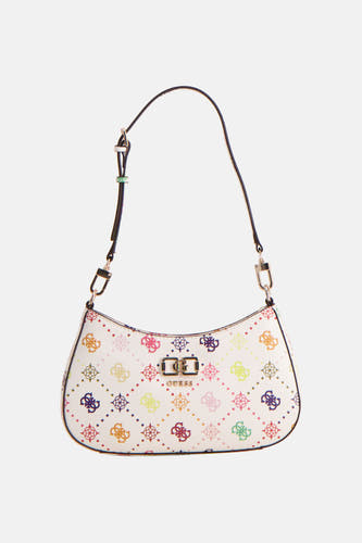 Sac à bandoulière multicolore Guess, avec un logo intégral et une bordure noire.
