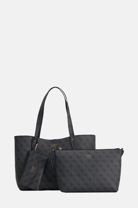 Sac à dos noir de Guess avec imprimé monogramme et pochette et étui coordonnés.