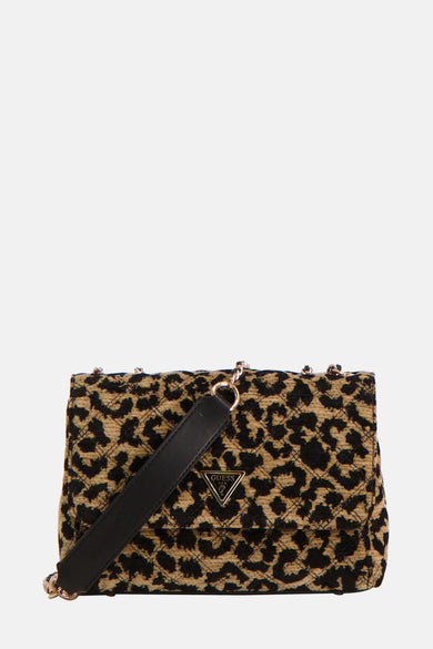 Sac à dos brun de Guess avec un imprimé tigre, des détails dorés et une sangle d'épaule noire.