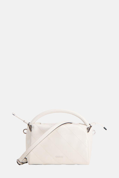 Sac à main blanc de Guess avec un motif de losange brodé, une anse et une bandoulière.