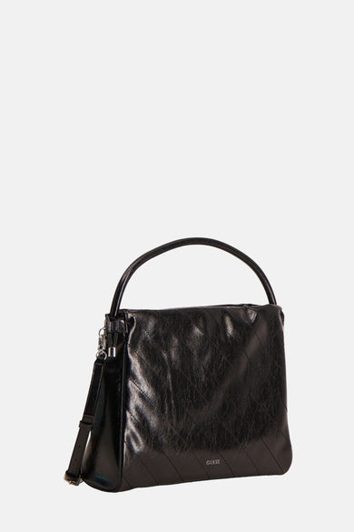 Sac à dos noir de Guess, avec un motif en losange et une finition brillante.