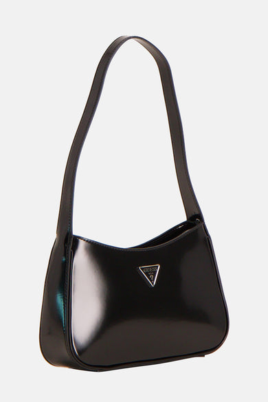 Sac à main noir de Guess, avec un fini brillant et le logo au milieu.