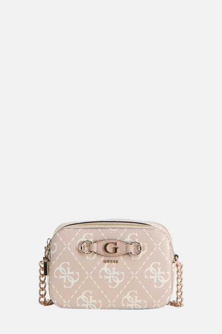 Sac bandoulière écru de Guess, avec motif de logos et chaîne dorée comme bandoulière.