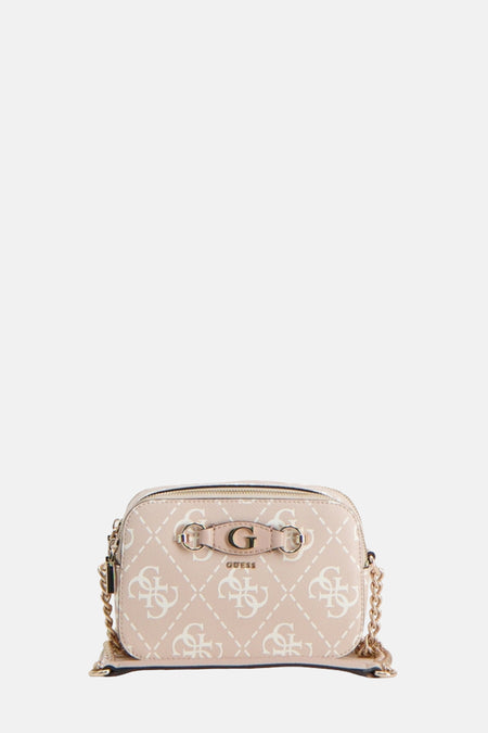 Sac bandoulière écru de Guess avec un logo blanc et des accents de chaîne d'or.