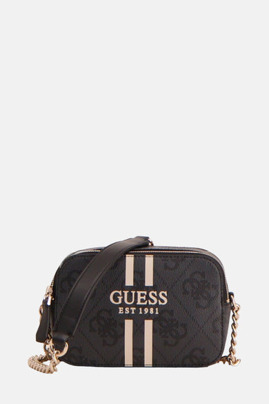 Sac à dos noir de Guess avec logo et deux bandes, terminé par une chaîne dorée.