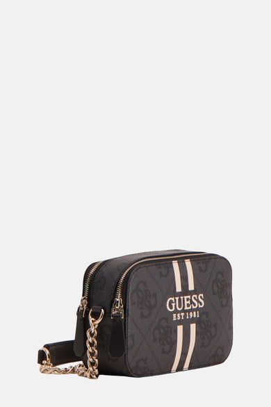 Sac à dos noir de Guess avec impression de logo et détails dorés sur la bandoulière.
