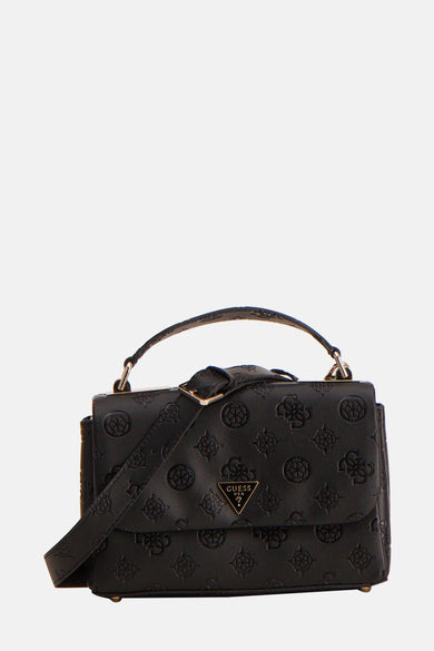 Sac à dos noir de Guess avec logo relief, détails dorés et bandoulière ajustable.