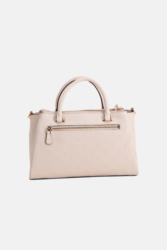 Beige handtas van Guess met een subtiel logo patroon en een ritssluiting aan de achterkant.
