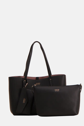 Sac à dos noir de Guess, avec une subtile texture granulée et des accents dorés.