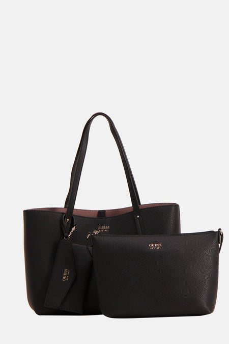 Zwarte Guess handtas set met een tote bag en clutch.
