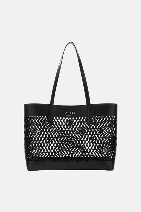 Sac à bandoulière noir Guess®, avec un motif géométrique ajouré et logo de la marque.