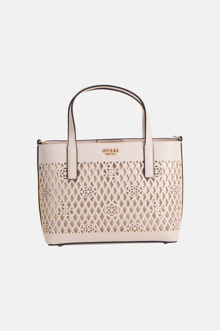 Sac à main blanc Guess avec un motif à carreaux ajouré et de jolis détails circulaires.