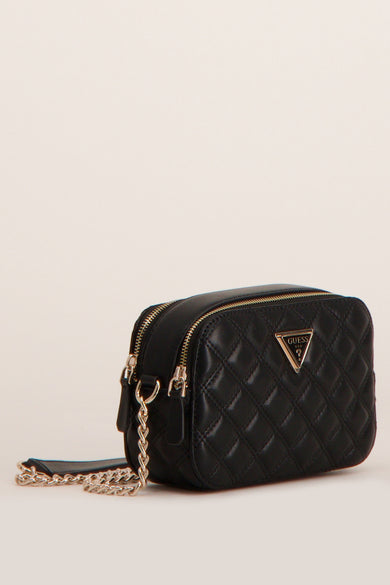 Sac à dos noir de Guess, avec un motif de lunettes imprimé et une chaîne argentée.