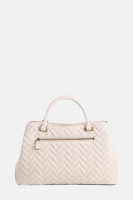 Sac à main blanc de Guess avec un motif zigzag effiloché et une fermeture éclair.