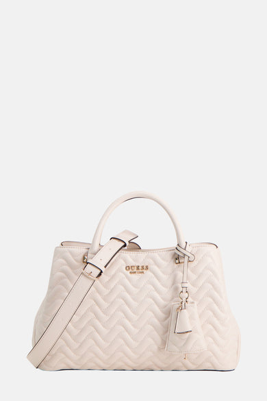 Sac à main blanc de Guess, avec un motif brodé zigzag et une bandoulière amovible.