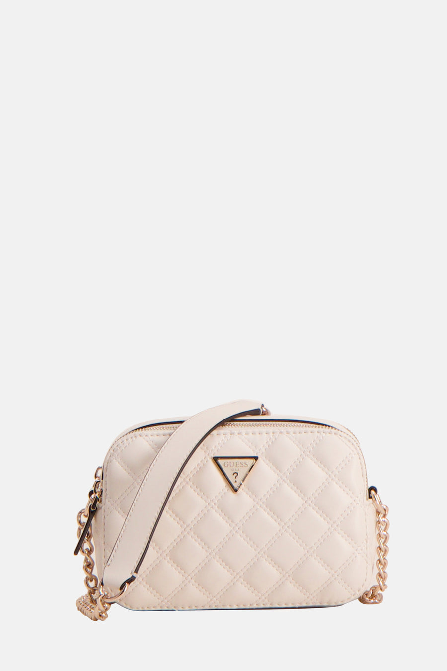 Witte schoudertas van Guess met doorgestikt ruitpatroon, goudkleurige ketting en een effen schouderband.
