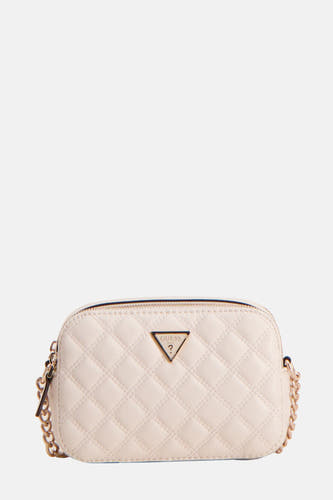 Sac à dos blanc de Guess avec motif à carreaux et chaîne dorée comme fermeture.