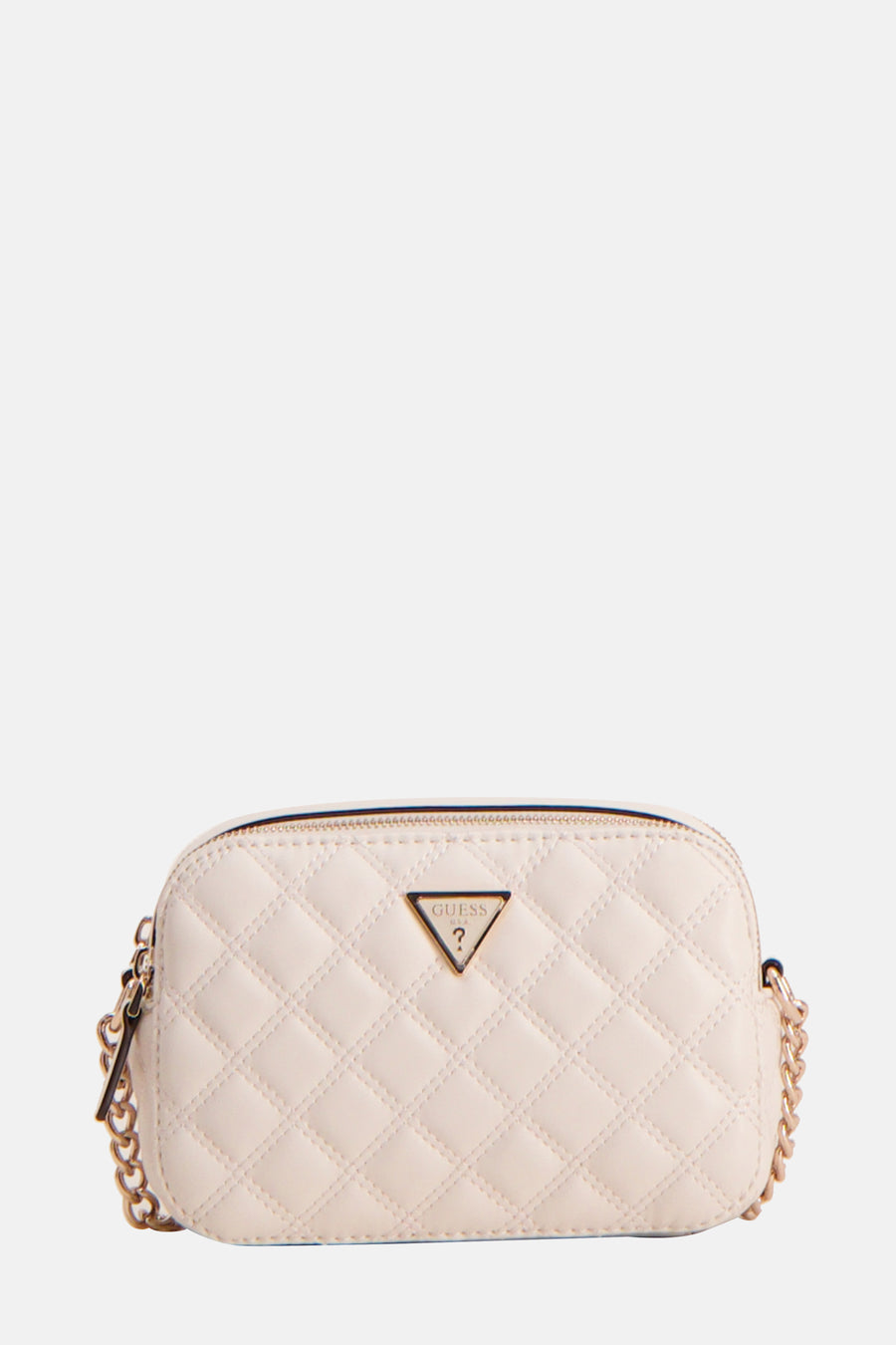 Witte schoudertas van Guess met ruitjespatroon en goudkleurige ketting als hengsel.
