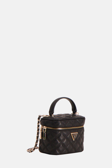Sac à main noir de Guess avec motif carreaux et une chaîne dorée.