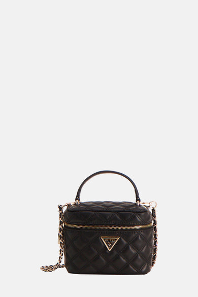Sac à main noir de Guess avec motif imprimé en forme de lunettes et détails dorés.