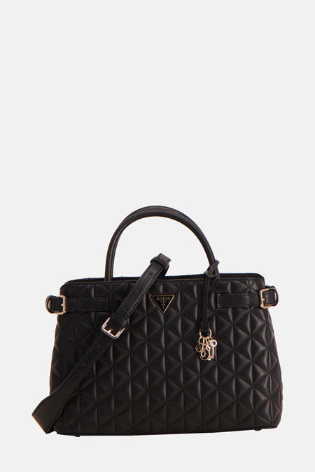 Sac à main noir de Guess avec motif en velours, anses et une bandoulière avec fermeture éclair.