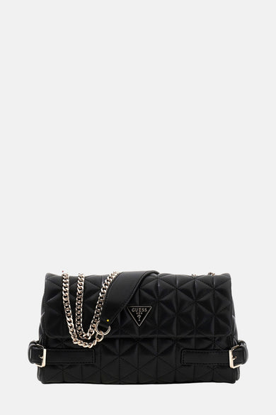 Sac à dos noir de Guess avec chaîne dorée et motif patchwork.