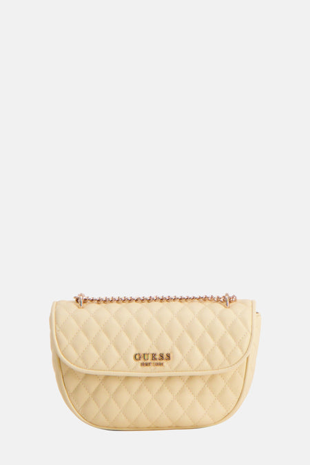 Geel Guess handtasje met gouden ketting en ruitpatroon.
