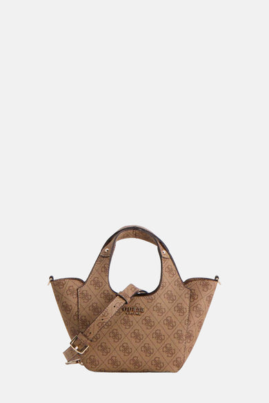 Sac à main brun de Guess avec un imprimé logo partout et une bandoulière ajustable.