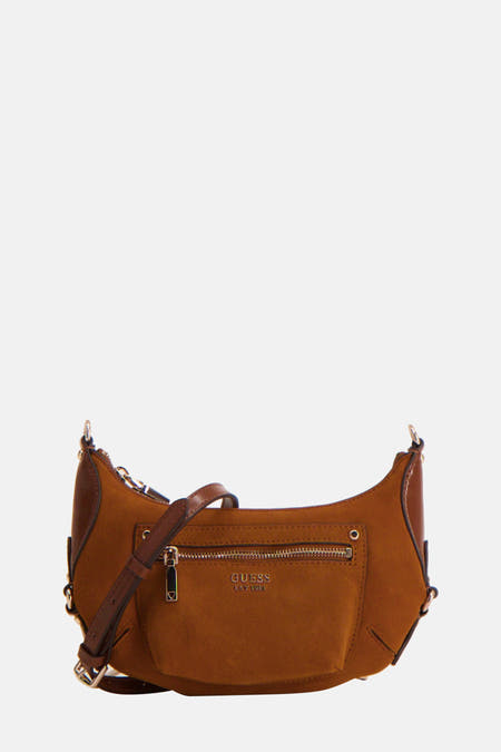 Sac à dos brun de Guess avec des détails en cuir brun et des accessoires dorés.