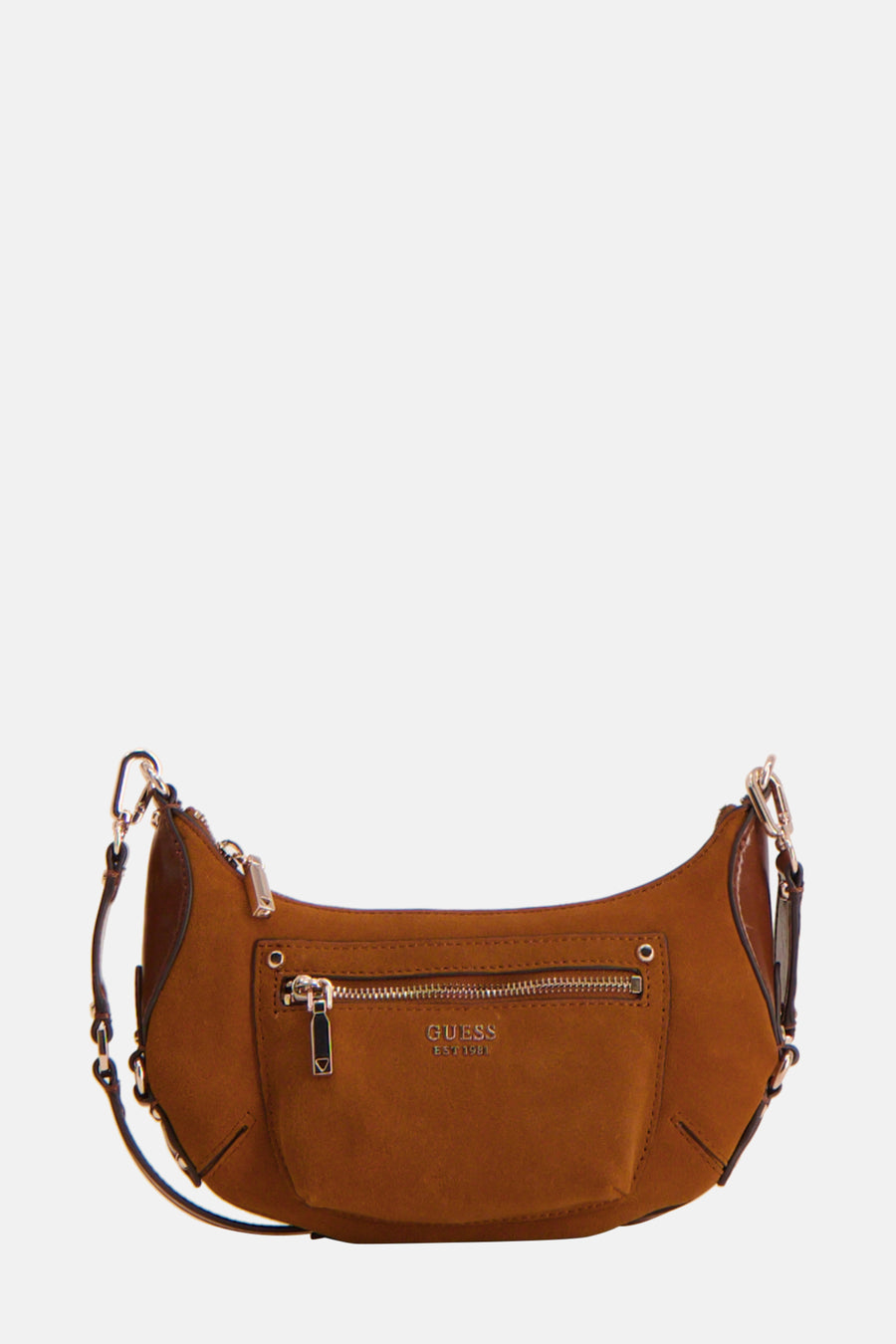 Manteau de édos Guess marron avec fermeture à glissière et détails argentés.