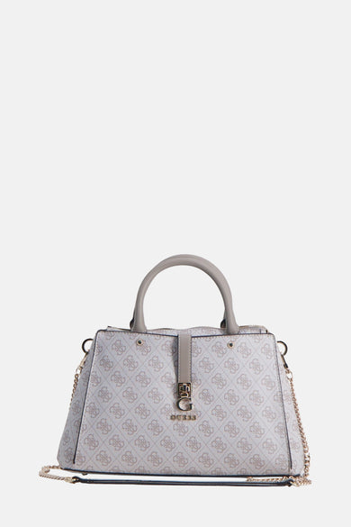Sac à main beige de Guess avec motif monogramme et détails dorés.