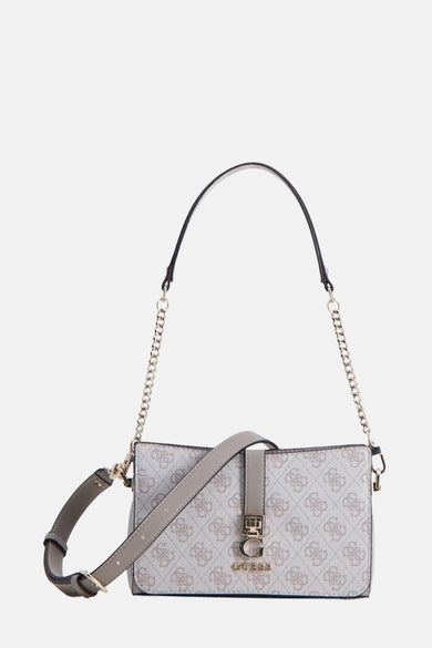 Sac bandoulière beige de Guess avec imprimé logo et détails dorés sur la bande.